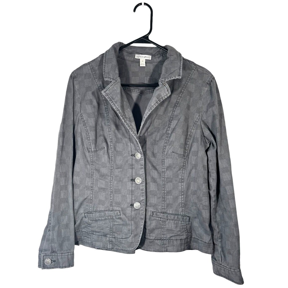Fashion Bug Women's 3 Button Jacket Blazer Plaid 12 Gray Pockets